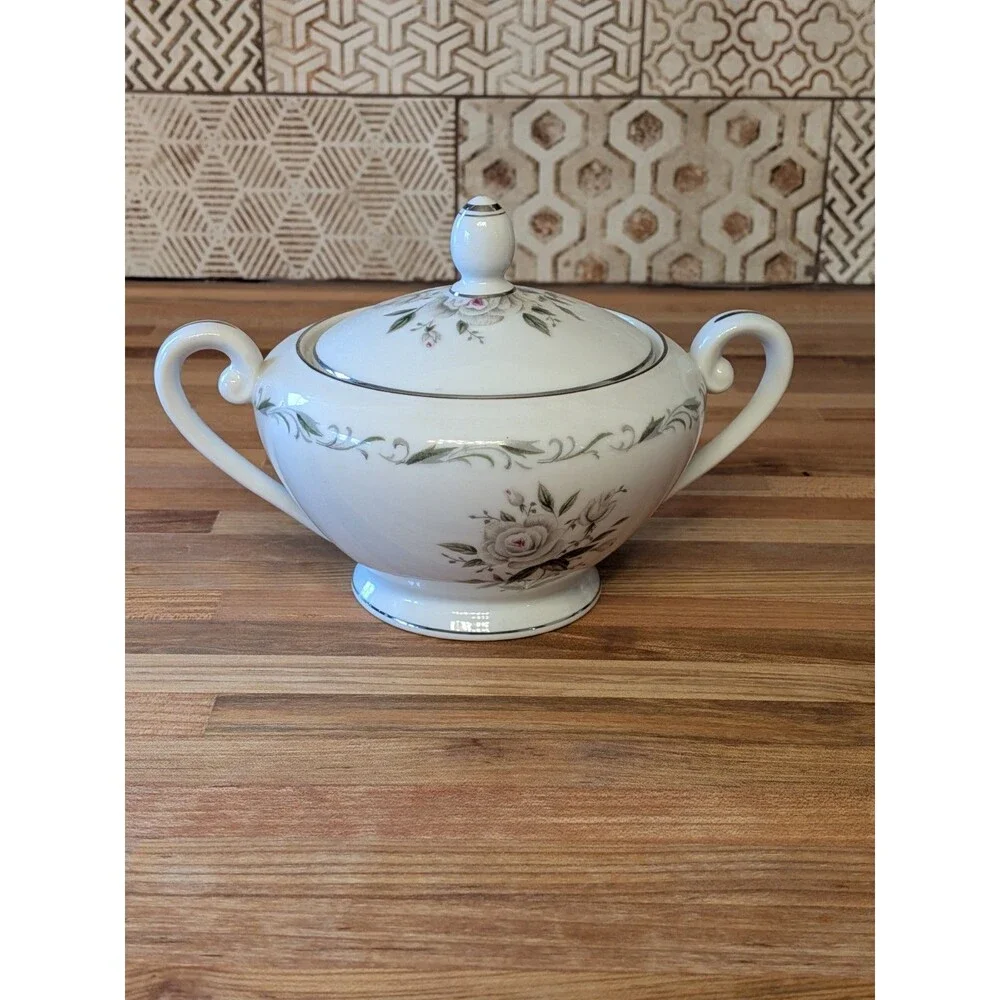 Vintage Romance Diamond China White Rose Sugar Bowl With Lid